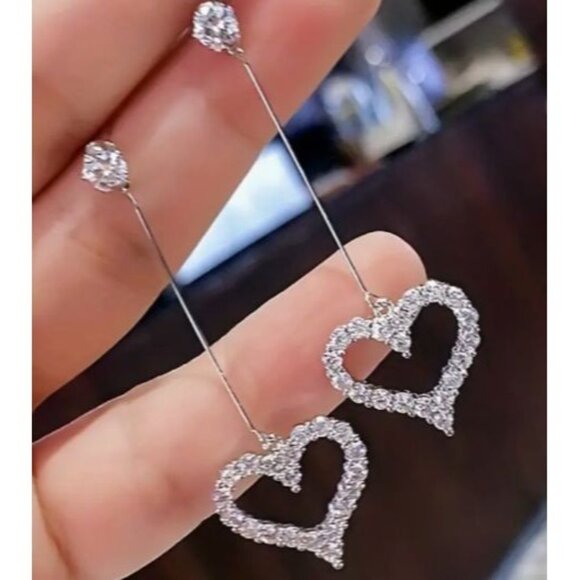 Silver Toned Heart Drop Earrings With Crystal Rhinestones‎ - Picture 2 of 3